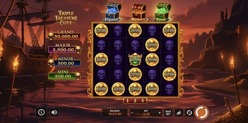 Triple Treasure Cove - glavni ekran s bubnjevima i piratskim zalivom